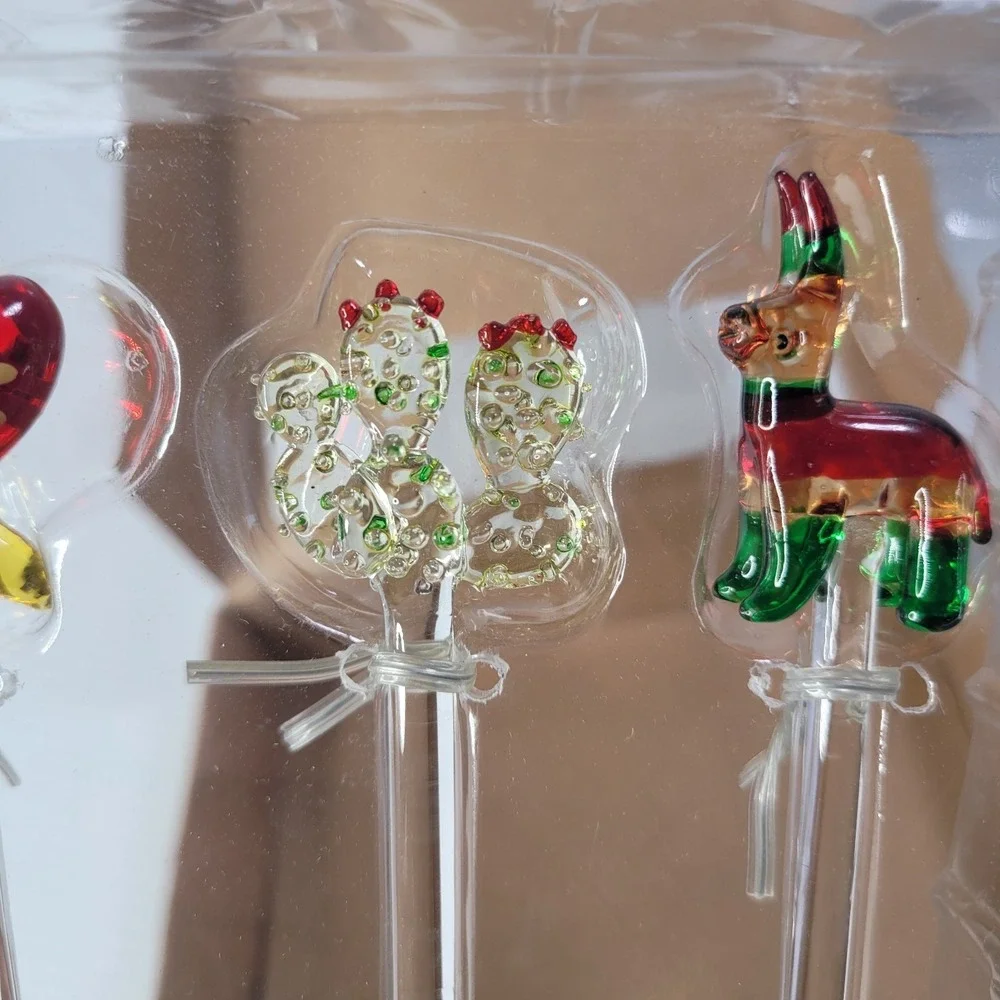 Pottery Barn Glass Stir‎ Sticks Fiesta Cactus Piñata Maracas Sombrero NEW